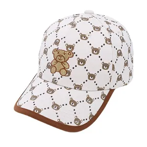 Kinder-Baseballkappe mit Cartoon-Bär-Prints und cremebraunem Block-Schirm