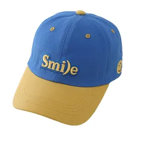 Kids baseball cap with Smile embroidery and blue yellow color block design