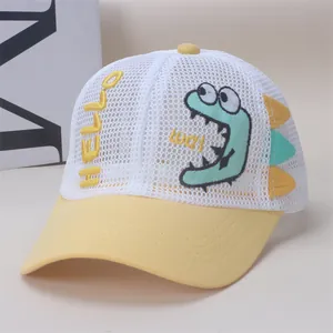 Kids breathable mesh baseball cap with cartoon dinosaur and 3D embroidery detail