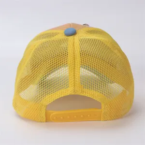 Detail view of yellow mesh baseball cap with breathable net and adjustable snapback closure