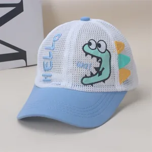 Kids breathable white mesh baseball cap featuring blue brim and cartoon dinosaur embroidery