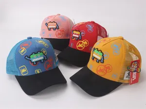 Kids breathable mesh truck caps with robot patch and pixel alien print for summer