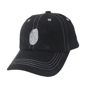 Kids black cotton baseball cap with white contrast stitching and kindness embroidery