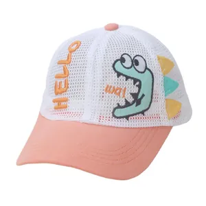 Pink and white mesh baseball cap for kids featuring a cute cartoon dinosaur and HELLO text