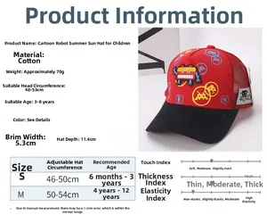 Size chart for kids robot baseball cap with brim measurements and material properties