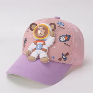 Close-up of pink and purple mesh cap with a 3D astronaut bear and space theme prints