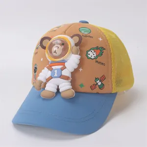 Detail of kids astronaut bear mesh cap with colorful panels and 3D silicone patch