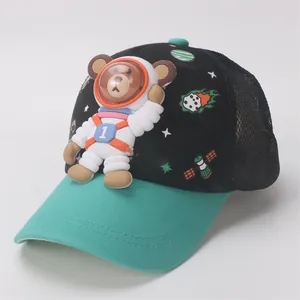 Cute kids astronaut bear mesh baseball cap with green visor and space theme pattern
