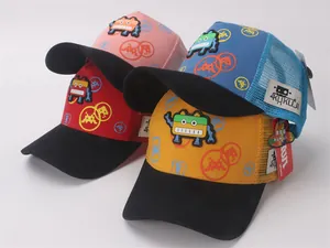 Group display of colorful kids robot trucker hats with breathable mesh back and vibrant patches