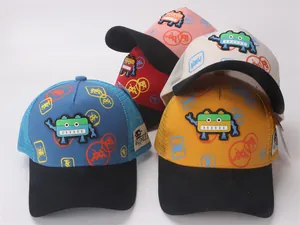 Detail view of four colorful mesh trucker hats with 3D robot prints for kids