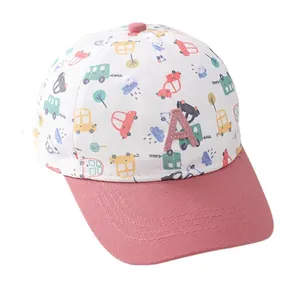 Children's white baseball cap with colorful cartoon car prints and pink letter A patch