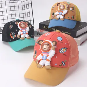 Kids 3D Astronaut Bear Space Theme Mesh Baseball Cap Cotton Polyester Breathable Sunshade Trucker Hat For Boys Girls