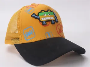 Detail of kids baseball cap with 3D robot patch and breathable mesh back view