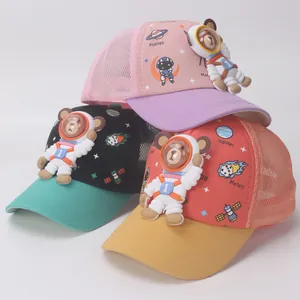 Kids astronaut bear baseball mesh cap with 3D cartoon character and breathable net back