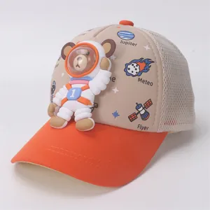 Kids baseball cap with 3D astronaut bear and space pattern on breathable khaki mesh