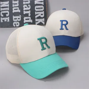 Kids breathable mesh baseball cap with letter R embroidery in contrast color design