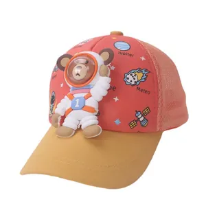 Kids baseball cap with 3D astronaut bear and space planet print in red and yellow