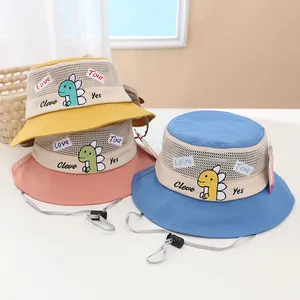 Kids breathable mesh sun hat with cute dinosaur embroidery in yellow pink and blue colors