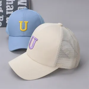 Kids breathable mesh baseball cap with R letter embroidery in blue and beige colors