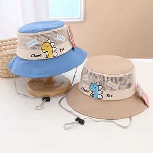 Breathable kids mesh bucket hat with dinosaur embroidery and adjustable windproof strap