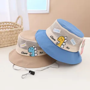 Breathable mesh kid's sun hat with dinosaur embroidery and adjustable chin strap