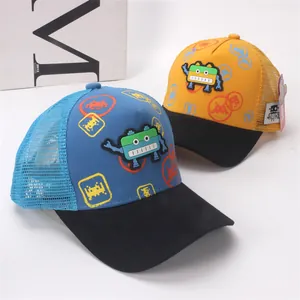 Kids breathable mesh trucker hat with cartoon robot embroidery for outdoor sun protection
