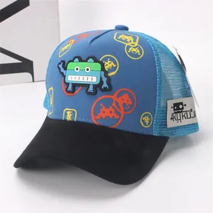 Kids baseball cap with robot embroidery and breathable blue mesh for sun protection