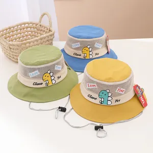 Breathable mesh kids sun hats with dinosaur embroidery and adjustable windproof cords