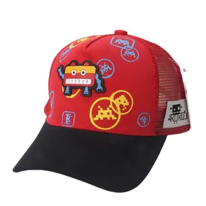 Red and black kids baseball cap featuring a pixel robot patch and breathable mesh back