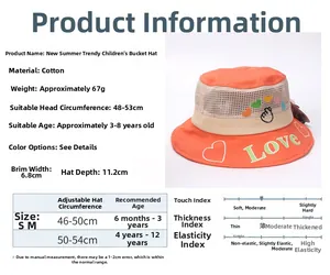 Size chart for kids orange bucket hat showing dimensions and breathable mesh material