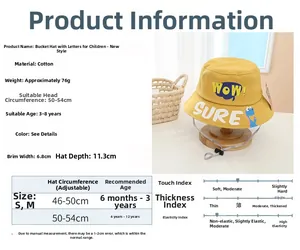 Size chart for children's cotton bucket hat with adjustable strap and WOW Dinosaur embroidery