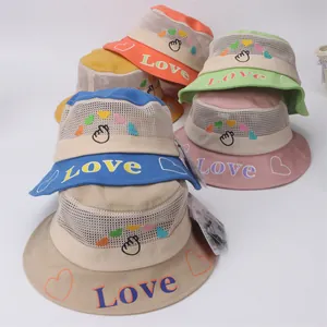 Detailed grid showing six assorted colors of breathable mesh kids sun hats with Love embroidery