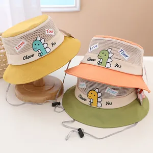 Kids Summer Mesh Bucket Hat Breathable Sun Protection Fisherman Cap With Dinosaur Embroidery And Adjustable Windproof Rope