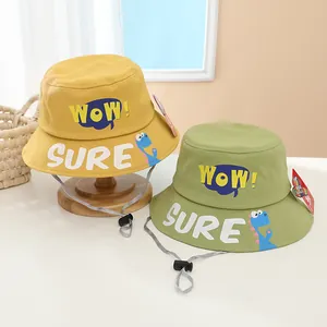 Japanese style kids bucket hat with WOW print and adjustable chin strap in yellow and green