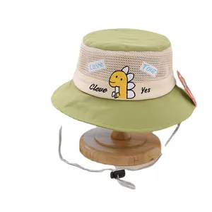 Breathable summer kids bucket hat with dinosaur embroidery and adjustable windproof strap