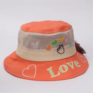 Detail of orange kids sun hat featuring breathable yellow mesh and white Love embroidery