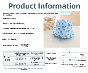 Size chart for kids reversible cotton bucket hat showing head measurements and ages