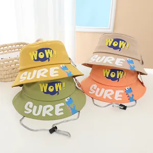 Kids cotton bucket hats with WOW print and adjustable windproof cords in four colors