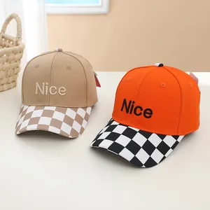 Kids baseball caps with Nice embroidery and checkerboard brim in khaki and orange