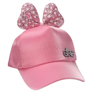 Casquette rose pour fille avec grand nœud pailleté et inscription GIRL en strass