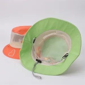Close-up of kids summer sun hat with mesh panels and adjustable chin strap