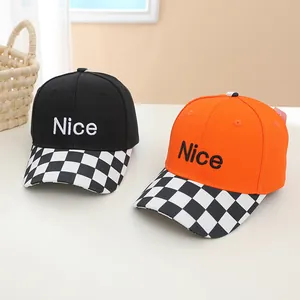 Kids baseball cap with Nice embroidery and black and white checkerboard pattern brim