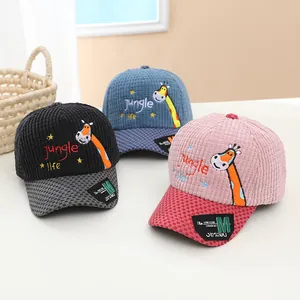 Kids corduroy giraffe baseball cap in pink, blue, and black for autumn winter