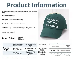Detailed size chart for kids' green embroidery baseball cap with 46-54cm head circumference