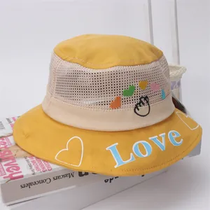 Yellow and beige mesh sun hat for kids featuring Love print and heart embroidery