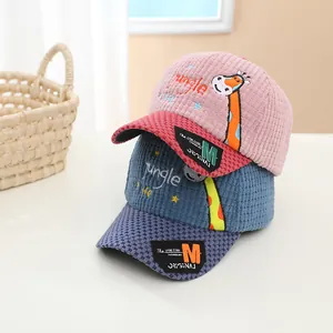 Kids corduroy baseball cap with cute giraffe embroidery and jungle life text design
