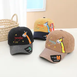 Checkered corduroy kids baseball cap with cute giraffe embroidery and jungle life text