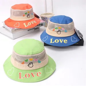 Kids Summer Breathable Mesh Bucket Hat Love Heart Embroidery Wide Brim Sun Protection Fisherman Cap For Boys Girls