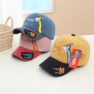 Detailed embroidery of cartoon giraffe and Jungle text on corduroy toddler baseball caps