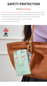 Detail view of mint green RFID blocking card holder with zipper pocket and key chain